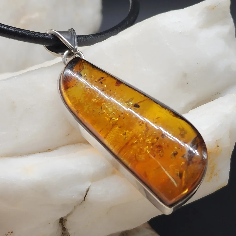 Amber Jewelry Sterling Silver 925 Natural AMBER Pendant Leather Necklace
